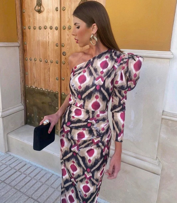 The Yllana | Lilac One-Shoulder Midi Dress with Puff Details