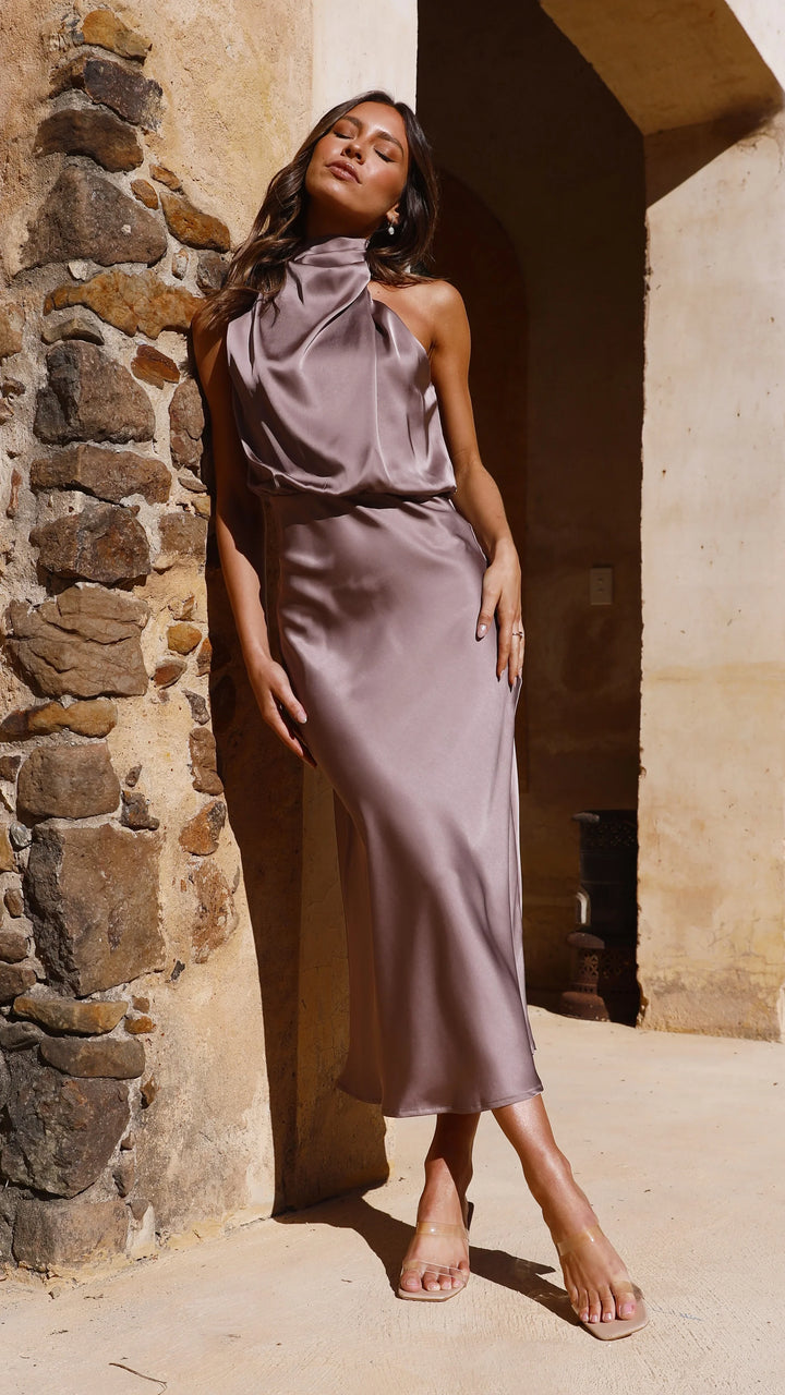 The Rebecca | Satin Maxi Dress with Halter Neck