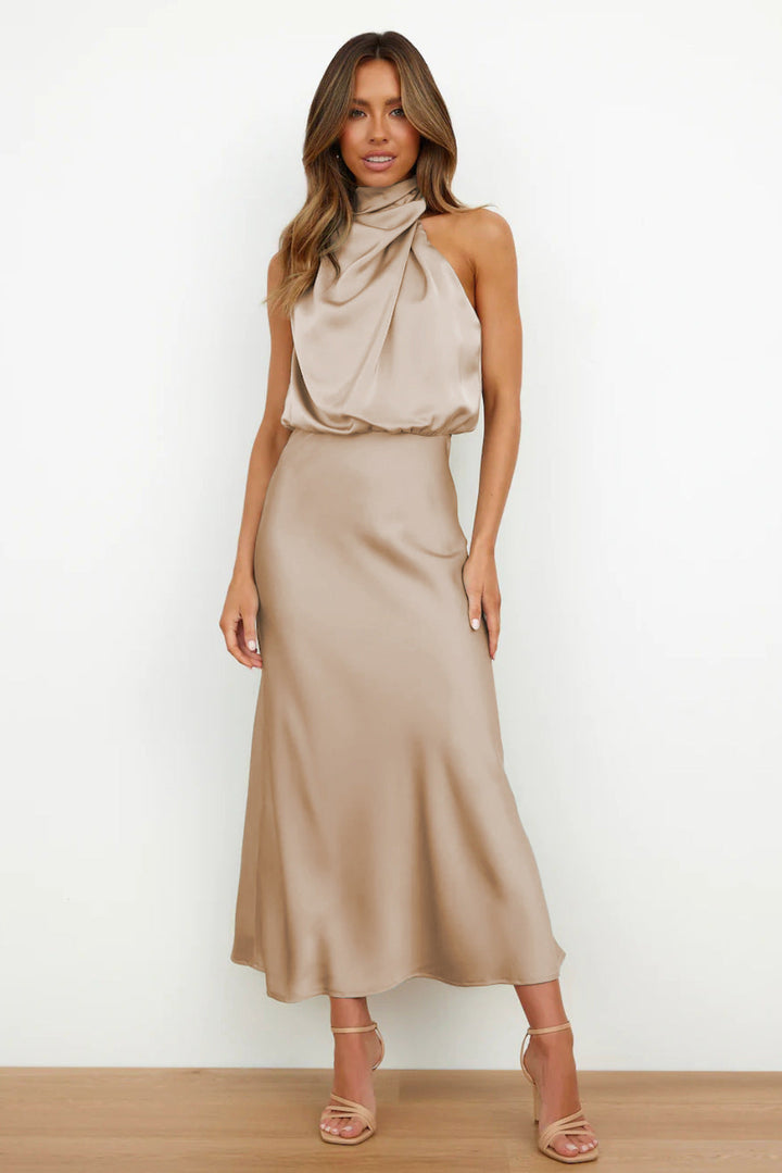 The Rebecca | Satin Maxi Dress with Halter Neck