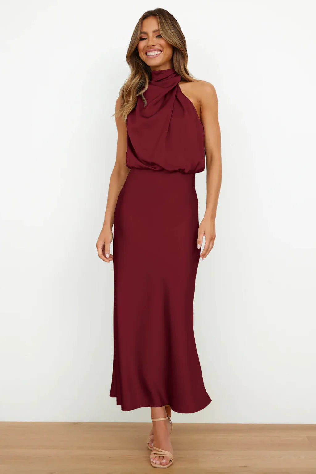 The Rebecca | Satin Maxi Dress with Halter Neck