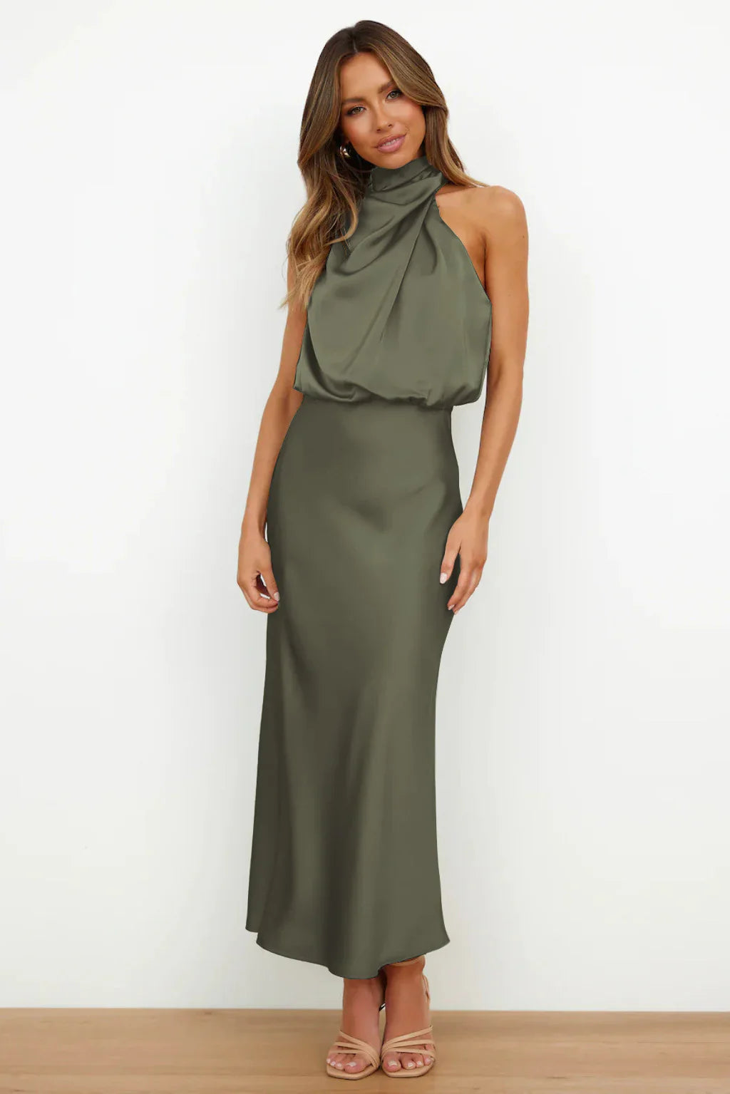 The Rebecca | Satin Maxi Dress with Halter Neck