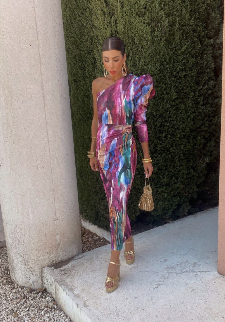 The Yllana | Lilac One-Shoulder Midi Dress with Puff Details