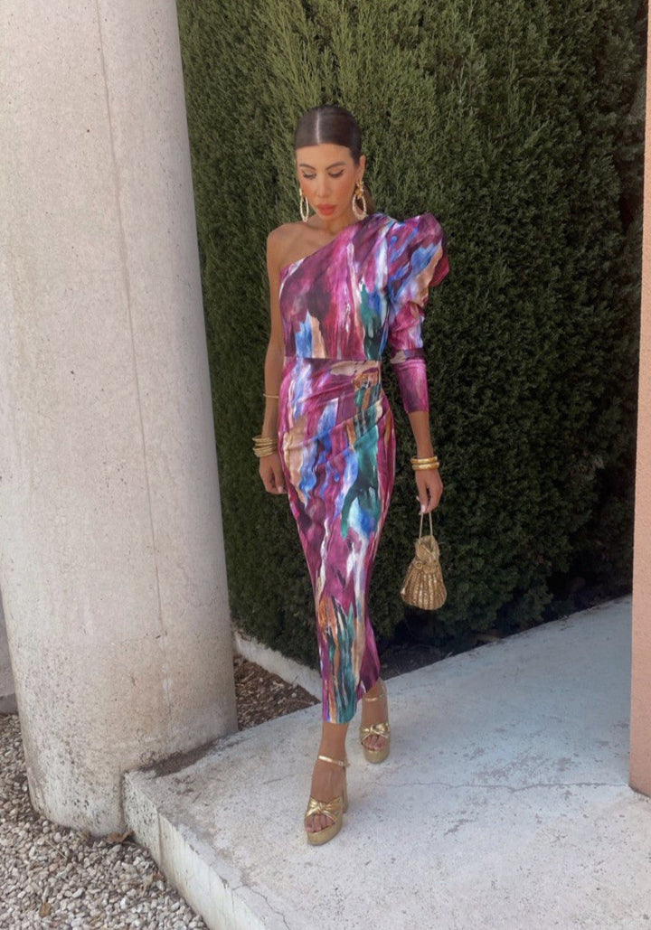 The Yllana | Lilac One-Shoulder Midi Dress with Puff Details