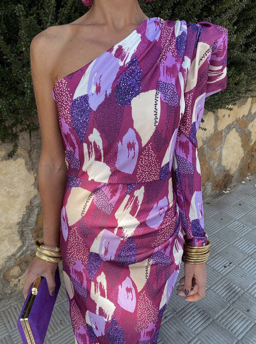 The Yllana | Lilac One-Shoulder Midi Dress with Puff Details